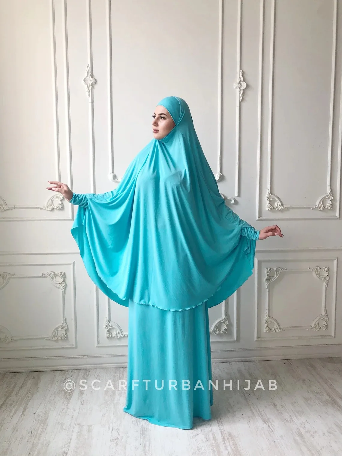 Islamic Ramadan Muslim Turquoise Jersey Long Hijab With Skirt Two Piece Sets Telekung Prayer