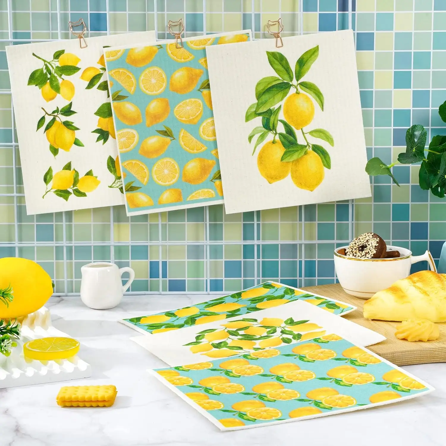 Wholesale Custom Printed Biodegradable Kitchen Cleaning Dishcloth Lemon print Cellulose Sponge Cloth Swedish Dish Cloth