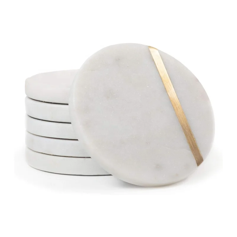 Marble Coaster 10cm  Wide Drink Coasters - White Marble Coasters with Gold Brass Inlay set of 6