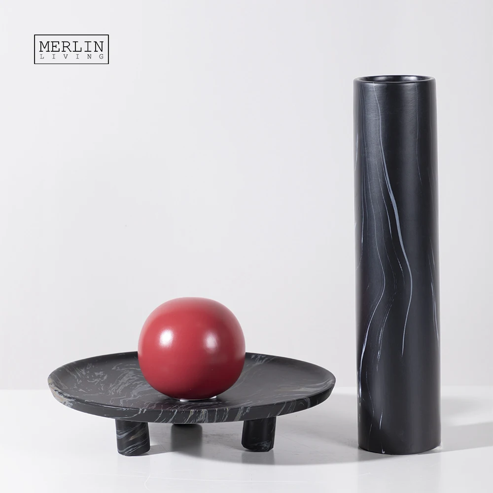 Merlin Living red ball ornament black round fruit plate marbled vase art ornament set porcelain with home decoration accessories