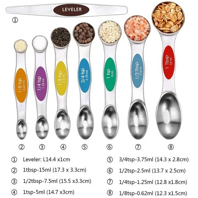One Set Available 8pcs Magnetic Stainless Steel Measuring Spoons Set For Dry and Liquid Ingredients