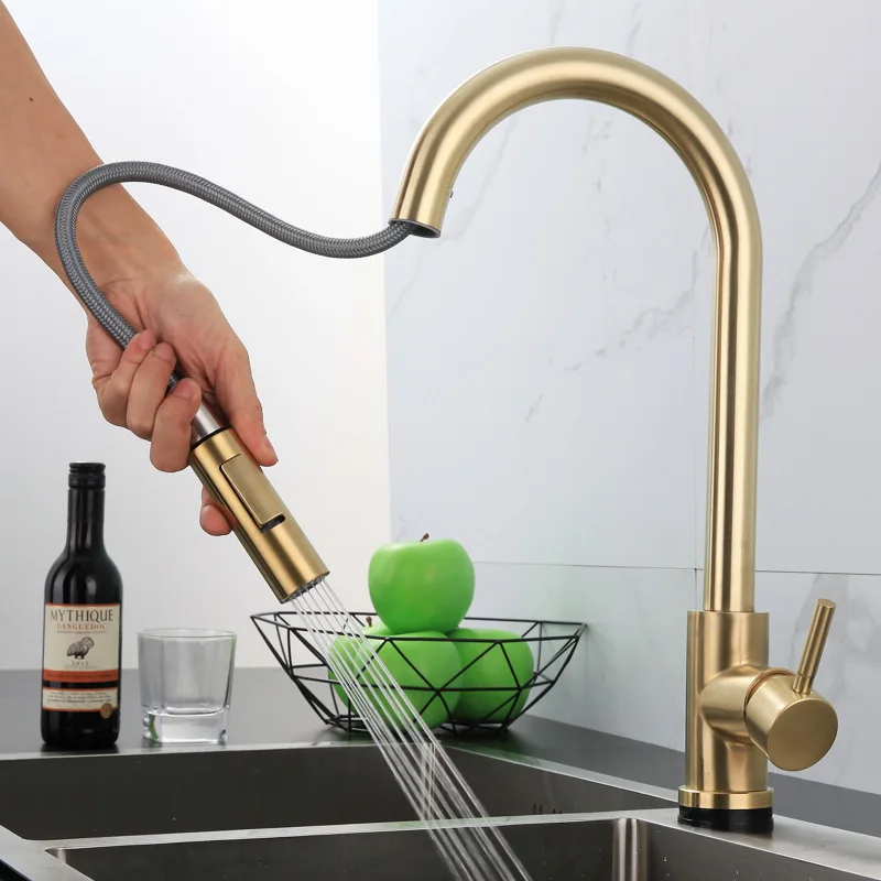 304 stainless steel sensor faucet hot cold brushed gold matte black pull out kitchen faucet