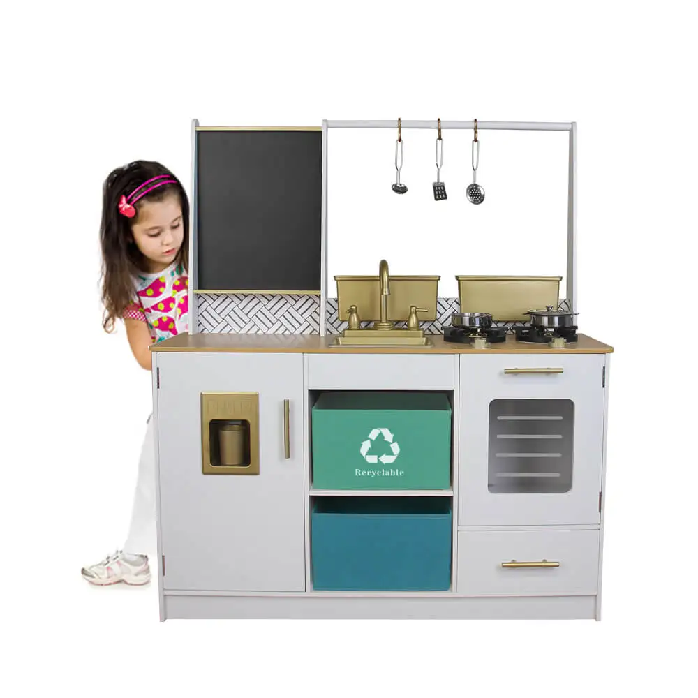 New Arrival Kids Upright Wooden Kitchen Toy Play set with Stove, Oven, Fridge and Accessories, Espresso/Gray