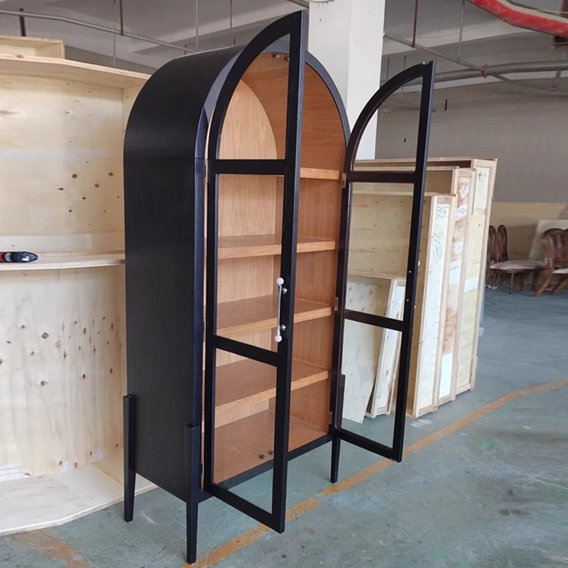American solid wood antique cabinet living room home black arch decorative cabinet glass door dustproof locker custom