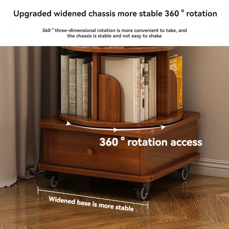 360 rotating bookshelf wheels removable solid wood bookcase home living room storage rack