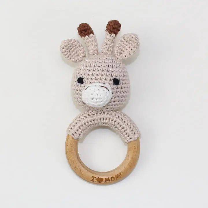 Handmade Crochet Rabbit Wooden Teething Ring Rattle Toys Bunny Deer Wooden teether for newborn baby