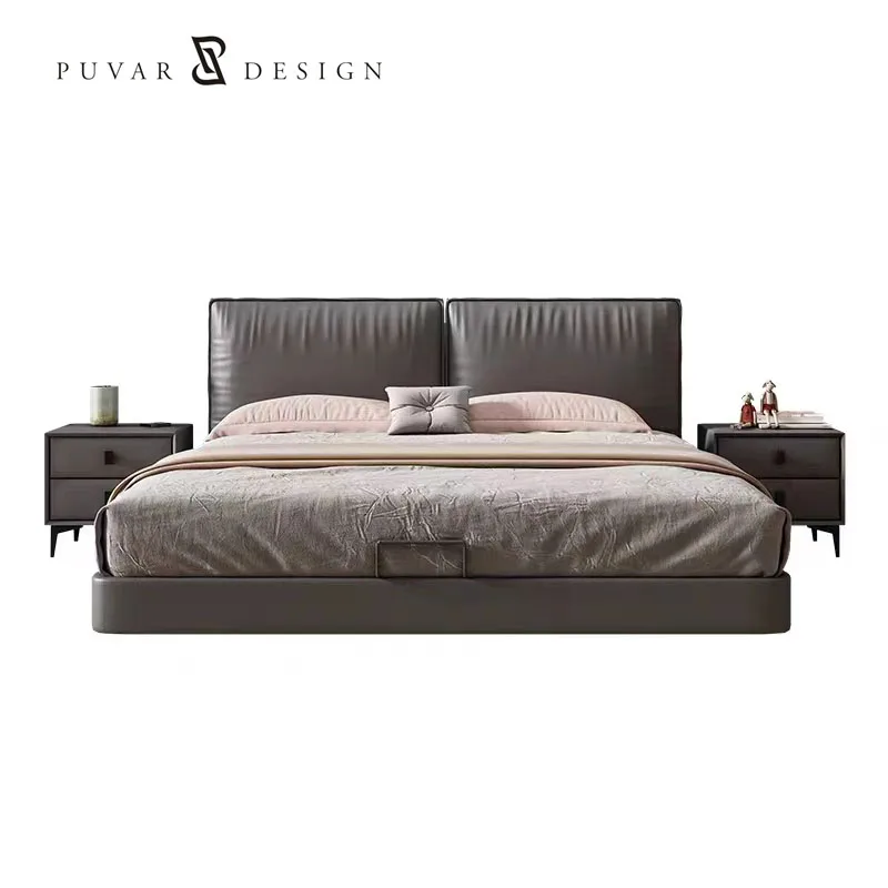 Italian minimalist light luxury leather bed Master bedroom modern simple double bed