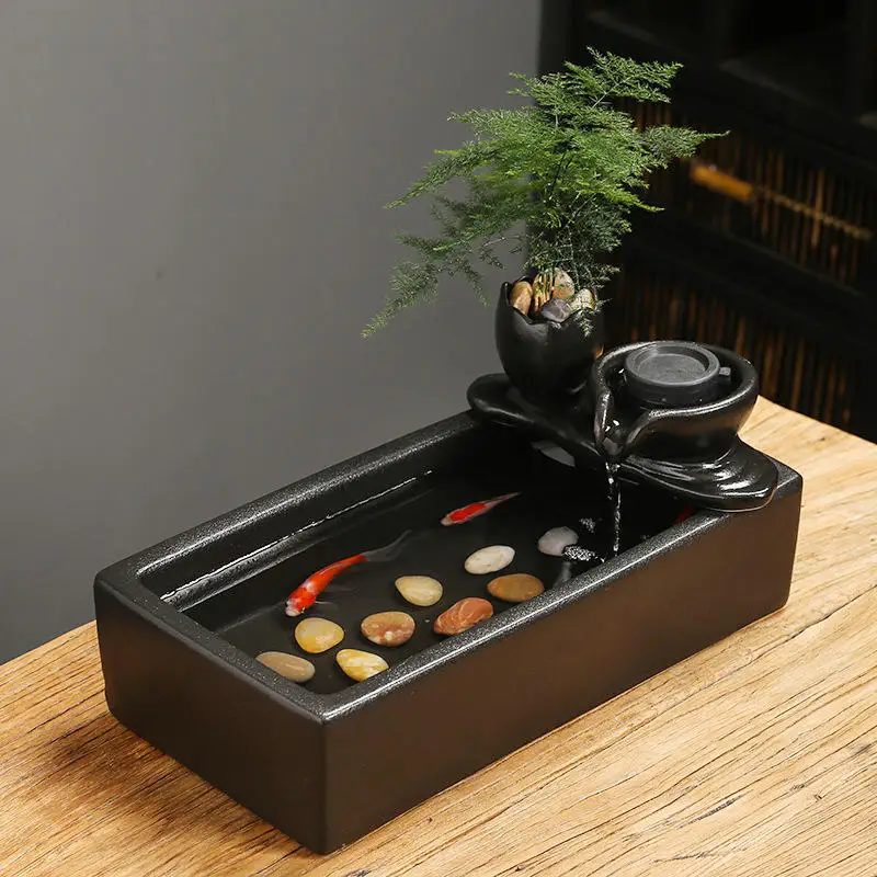 Fengshui Black Ceramic Zen Water Fountain Desktop Waterfall Fountain Water Fish Tank Cat Fountain Gift