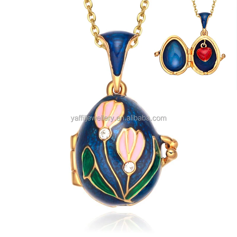 Tulip Lily Brass Vintage Egg Pendant Charm Crystal Rhinestone Necklace