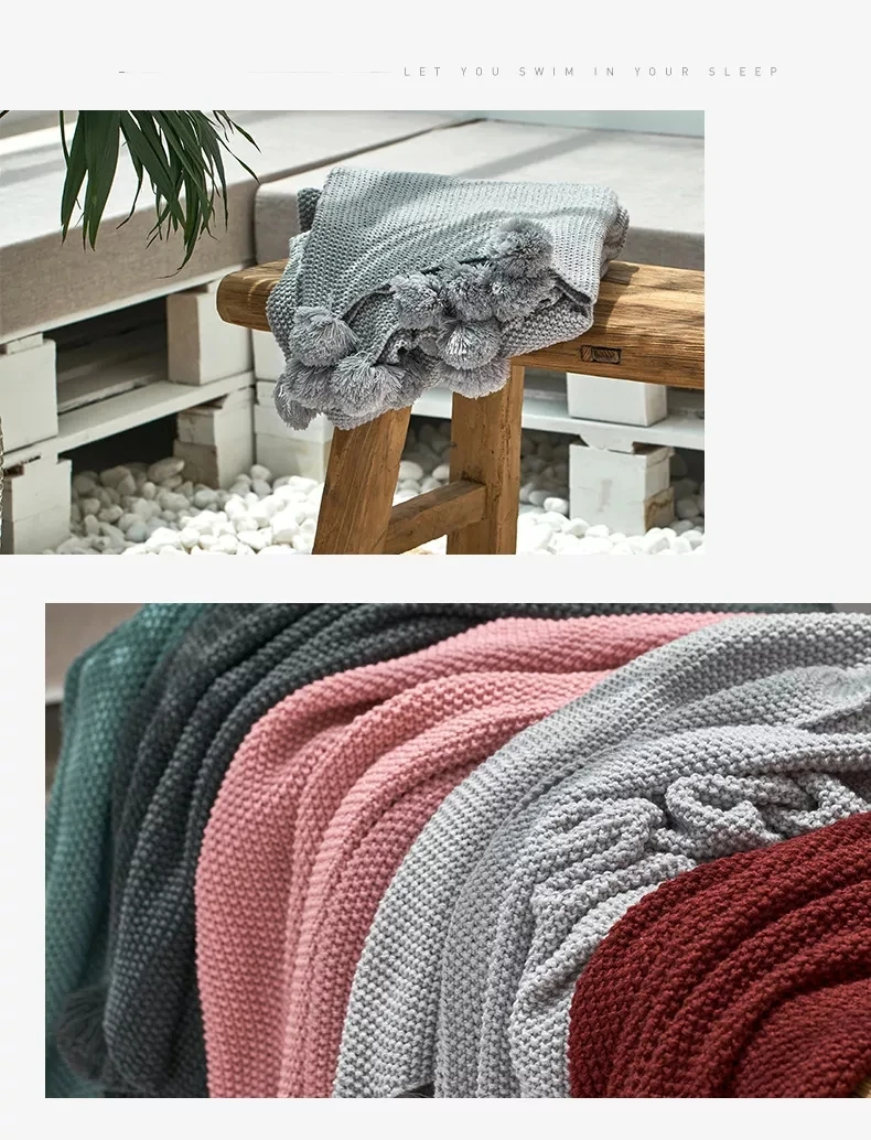 Wholesale Acrylic Solid Knitted Blanket High Quality Custom Super Soft Bed Blanket With Pom Pom