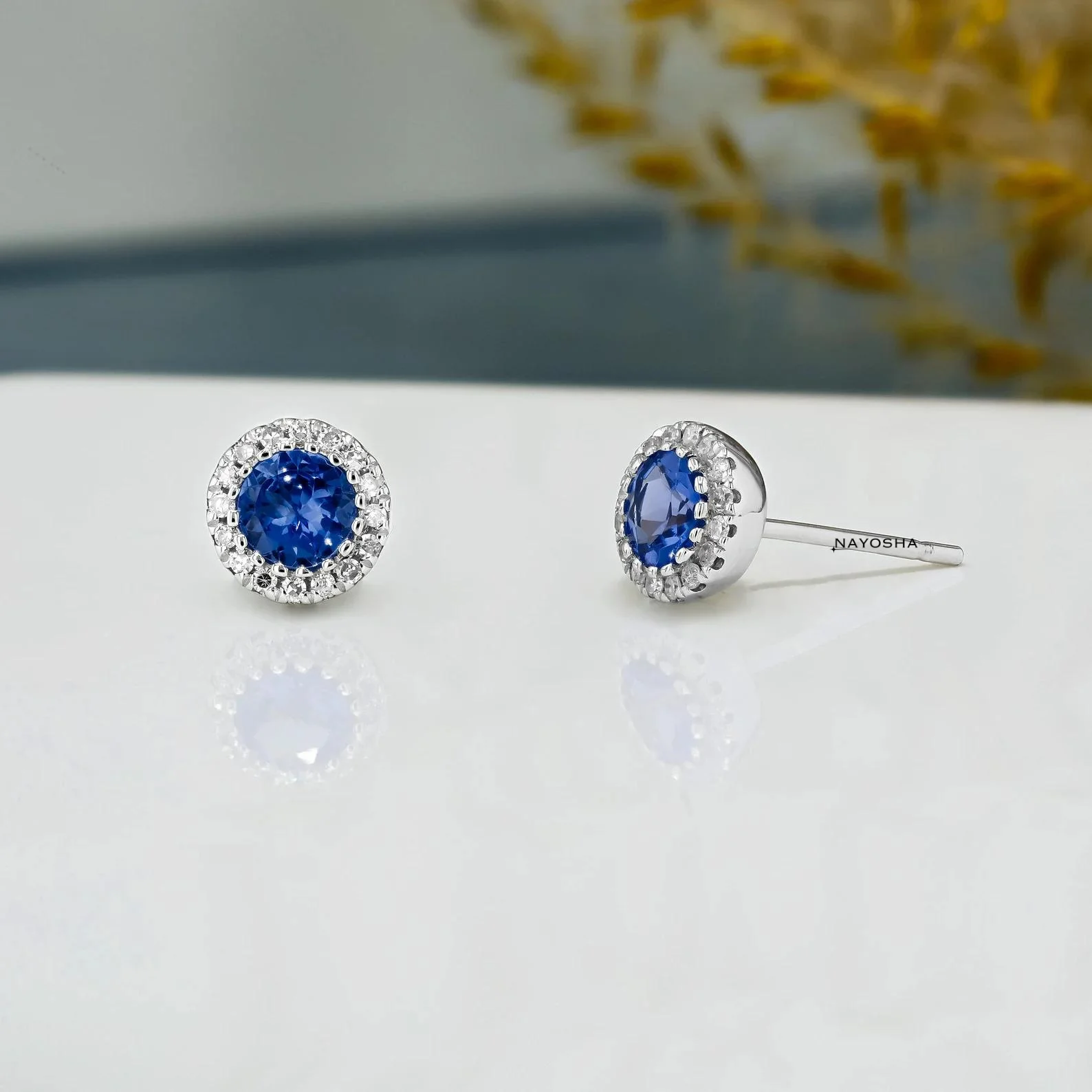 Small Diamond Earrings, Bordered Round Tanzanite Sapphire Emerald Ruby Aquamarine Studs, 10k Solid Gold