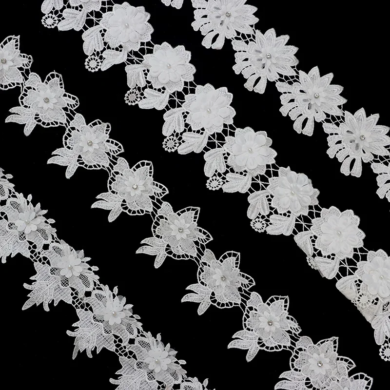 Оптовая продажа пользовательские цвета 3D Цветочная вышивка стразы кристаллы блестки белая кружевная отделка для одежды аксессуары