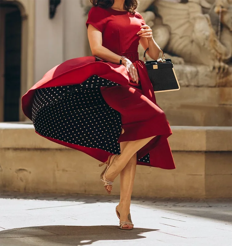 MXN custom women lady elegant removable skirt wrap dark red polkadot pencil dress1950 60 vintage  dress for  women