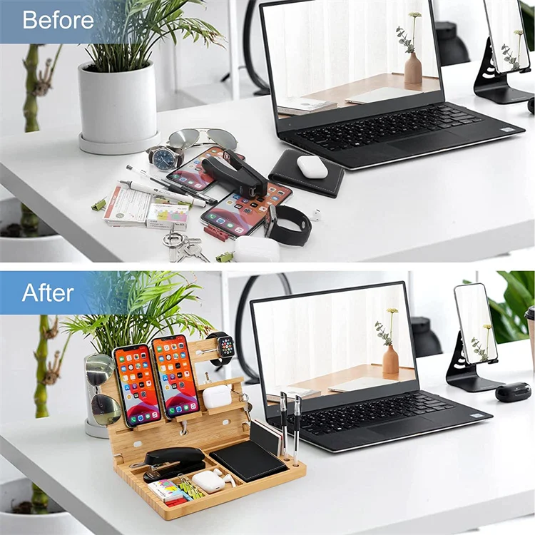 Wooden Nightstand Charging Station Bedside Table Organizer Foldable Cell Phone Stand Bamboo Docking Station for Men