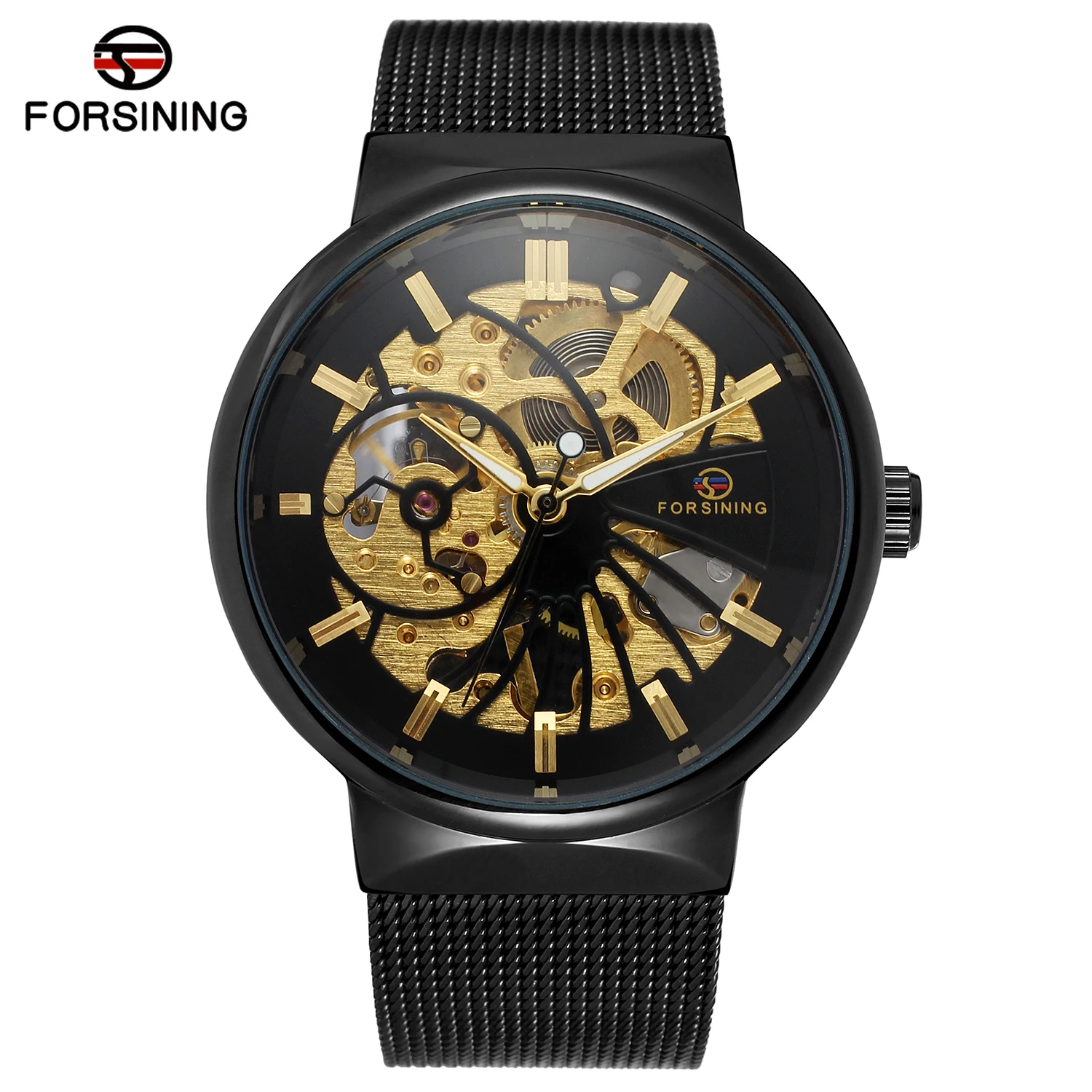 2024 Forsining Fashion Men Gold Color  mechanical Skeleton Watch With Mesh Band for man