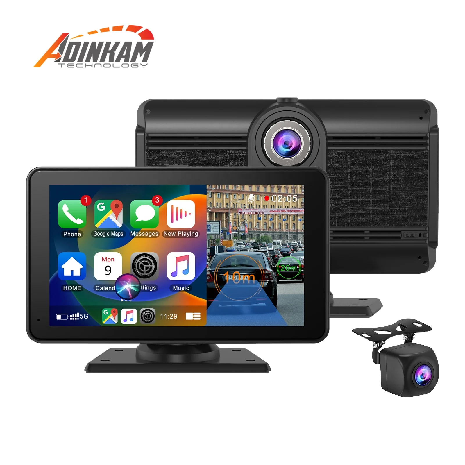 Universal 7 inch 4K Dual Cameras Dash Cam ADINKAM Wireless Carplay & Android Auto Support AUX 5G WIFI Portable Car Stereo