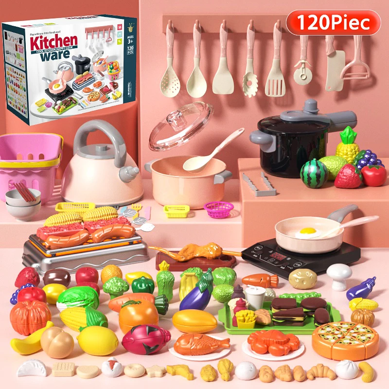 Play Kitchen Accessories Set Toy for 120 Pcs Children Toddler Food Cooking Kitchen Playing Set Toys Christmas Gift for Kids