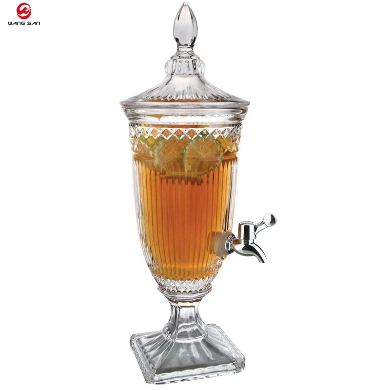 Wine glass juice dispenser clear Embosses Glass Beverage Dispenser For Water Juice With Tap Glass Juice Dispenser