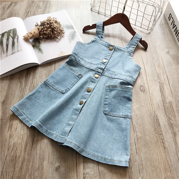 2020 summer Japan and South Korea fashion girl dress denim washed sling large pocket button dress