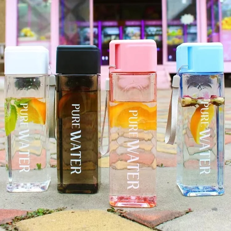 480ml Transparent Square Plastic Water Cup Outdoor Cold Juice Water Sports Cup For Gym Bottle With Rope Milk Water Cup Portable