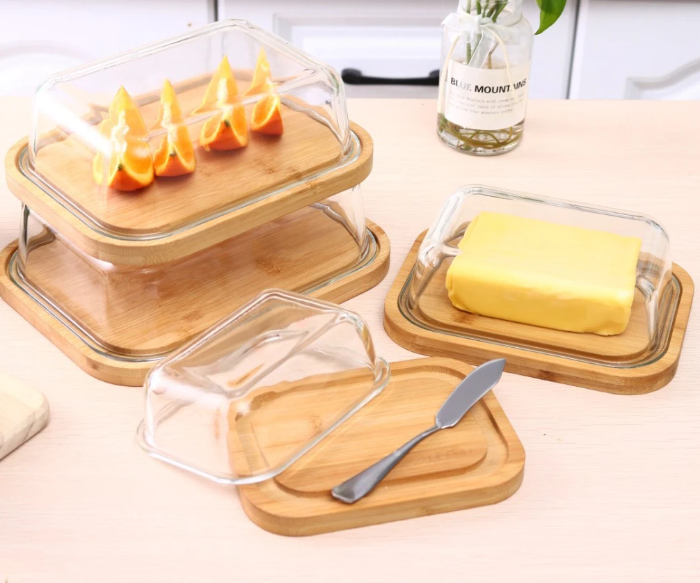 Customised logo large size high borosilicate clear glass cheese butter dish with bamboo cover lid