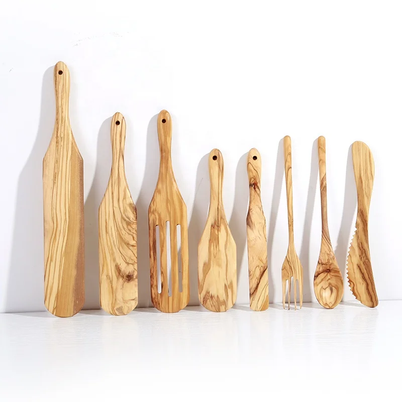 Kitchen wooden spatula  cooking  set of 8 spoons olive wood  utensils for nonstick cookware baking