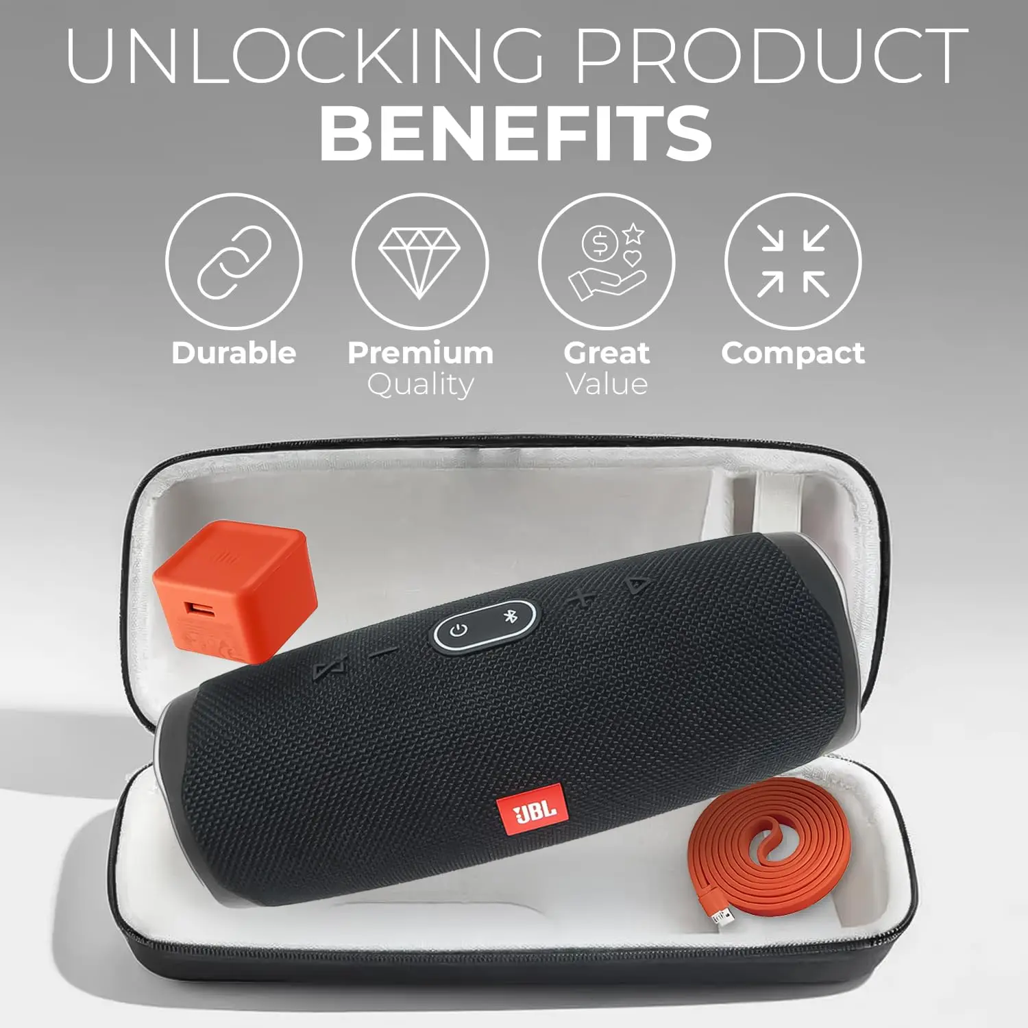 Brilliant Black Waterproof Speaker Case for JBL Charge 4/ Charge 5  Fits Multiple JBL Bluetooth Speakers (case only)
