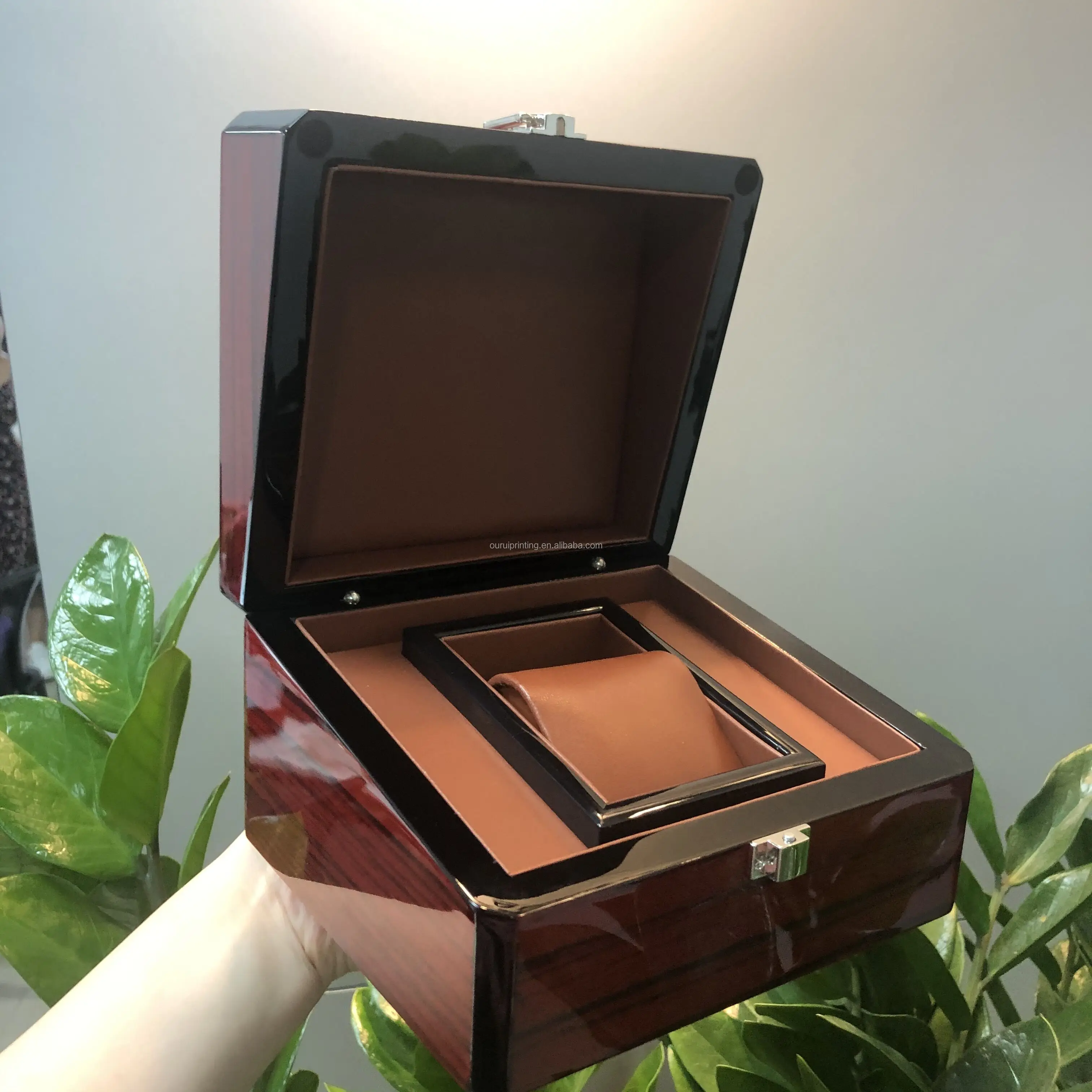 custom highend whole set gift luxury fancy brand jewelry packaging red PU Outer PU lining single slot brand watch box