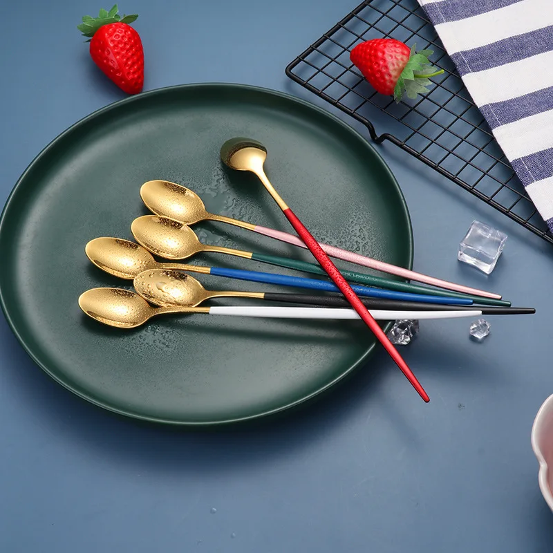 NEW Arrivals Stainless steel dessert spoon titanium gold long handle spoon for ice/mixing/drinking