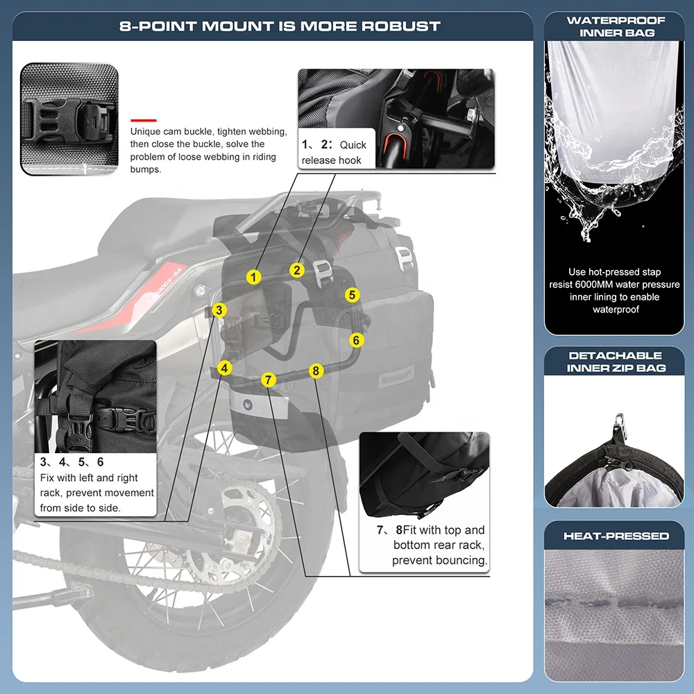 Фирменная марка Rhinowalk мотоциклетная Боковая Сумка 20 л 1680D Полиэфирная на заднее сиденье мотоцикла для