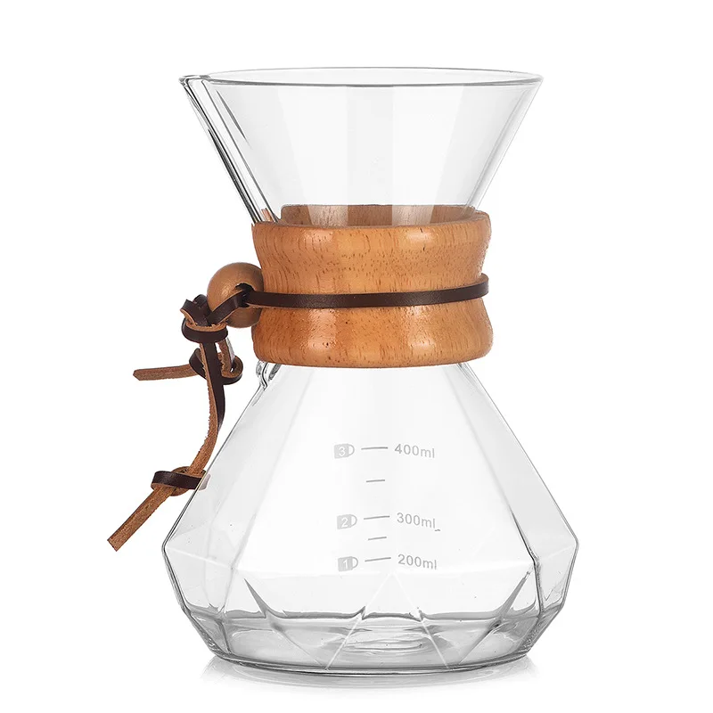 Pour Over Coffee Maker Borosilicate Glass Coffee Carafe Modern Wooden Collar Glass diamond rhomboid Coffee Maker Carafe