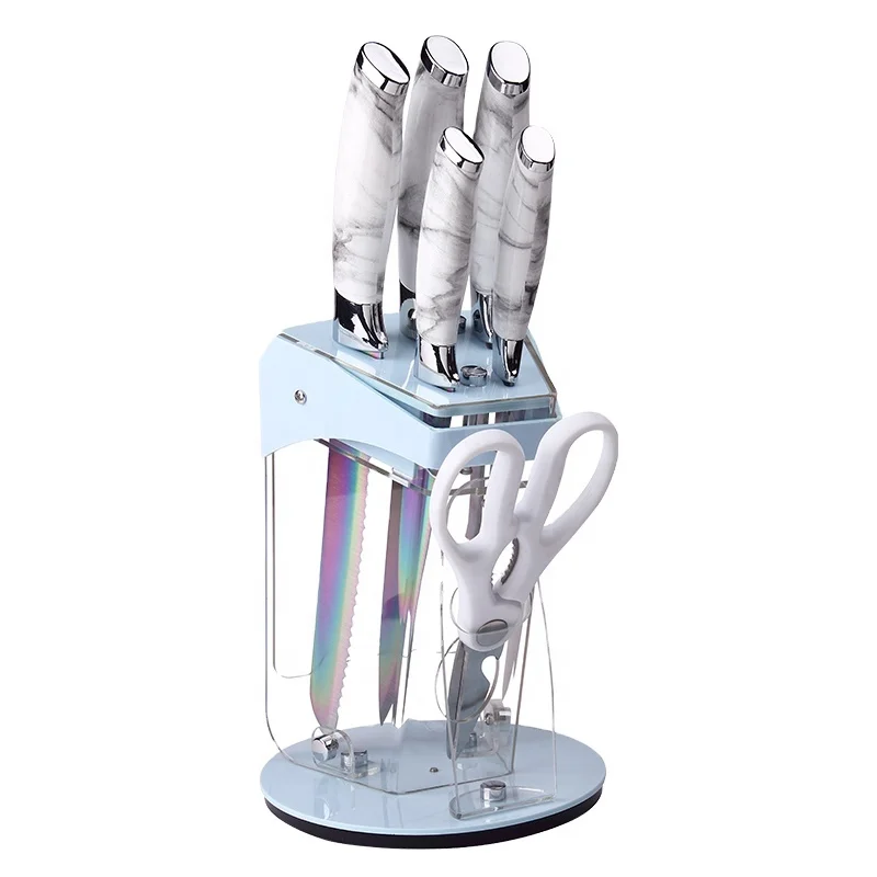 TUOMEI New Arrival amazon 7PCS Kitchen Knife Set in Colorful box Packing with Acrylic Knife Stander Color Handle In Stock