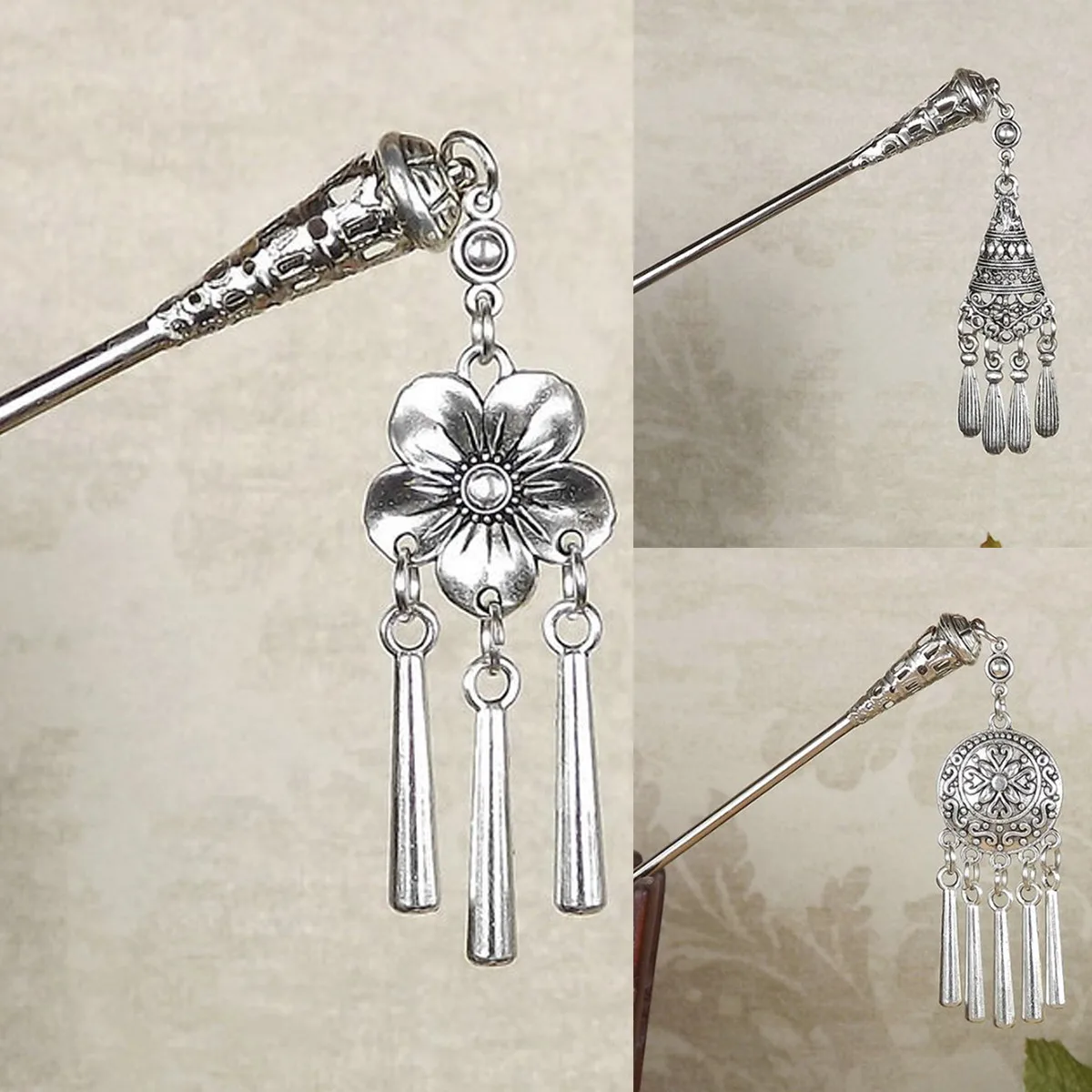Bohemia Vintage Chinese Tassel Carved Flower Hair Sticks Women Hairpins Headwear Jewelry