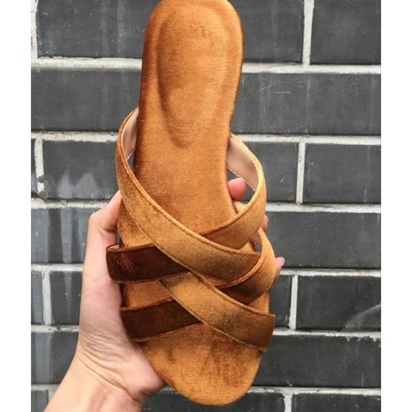 Hoslasen shoe factory custom logo and design gold velvet across straps flat sandal slipper sexy slipper shoes