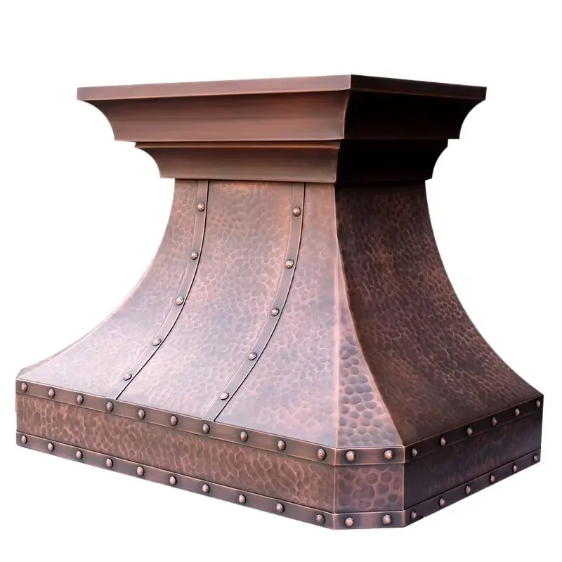 Copper Kitchen Range Hood Luxury Antique Design Hand hammer Metal  Vent Hood Oven Hood Decoration Cover with Straps and Rivets