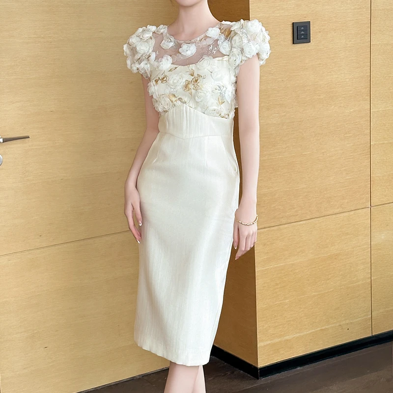 ZYHT 21363 Women Formal Dresses 3D Flower High Waist Bodycon Party Elegant Clothes Summer Casual Dresses for Women