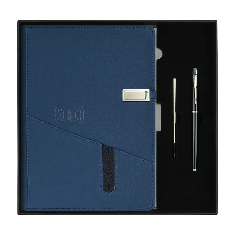 New Design 15W Wireless Charger Power Bank Notebook with 8000mAh Battery 16gb USB Drive Double Pockets on Cover Customize Logo