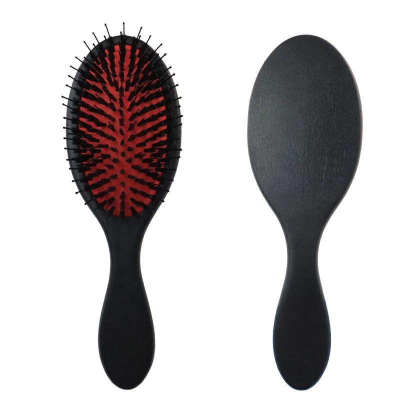 Wholesale natural material scalp massage hair brush black wooden cushion hair brush with nylon and boar bristle