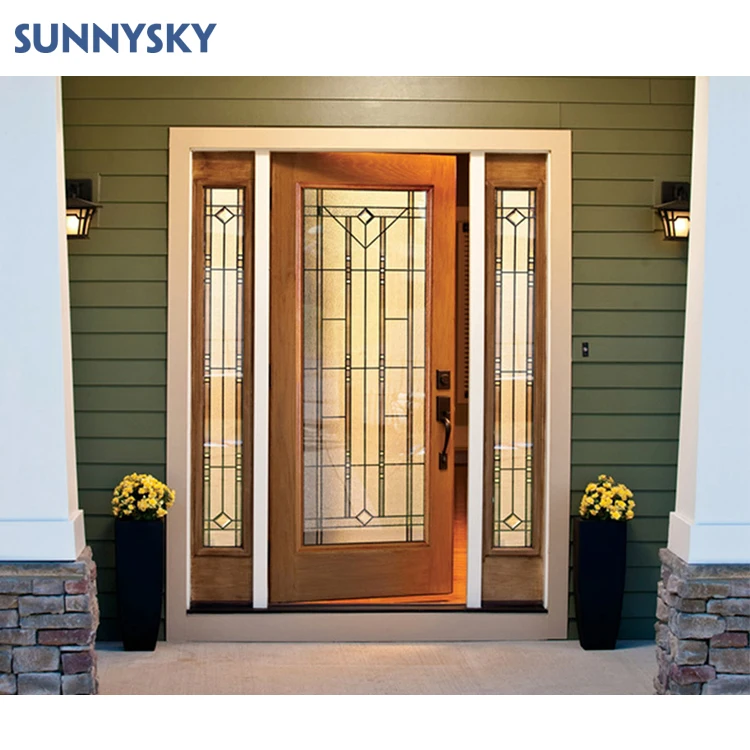 Sunnysky design Flush Design Open-pore Finish American Red Oak Solid Wooden Exterior Front Entry Door For Houses
