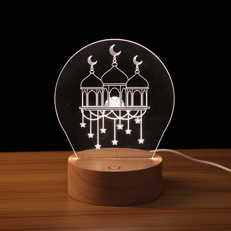 Creative Muslim Islam Religious Series With Natural Wood Base  Night Light  Room Decor 3D Acrylic Warm Color LED Gift Lamp