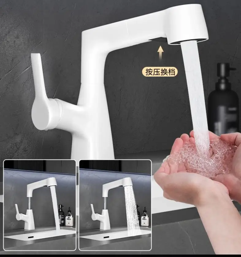 Brass adjustable height pull out double functions white artistic hot and cold basin faucet