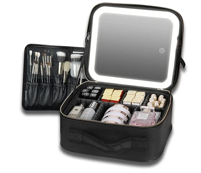 Professional  High Capacity Cosmetic Suitcase Travel Makeup  Storage Bag Makeup Bag With Led Light Mirror