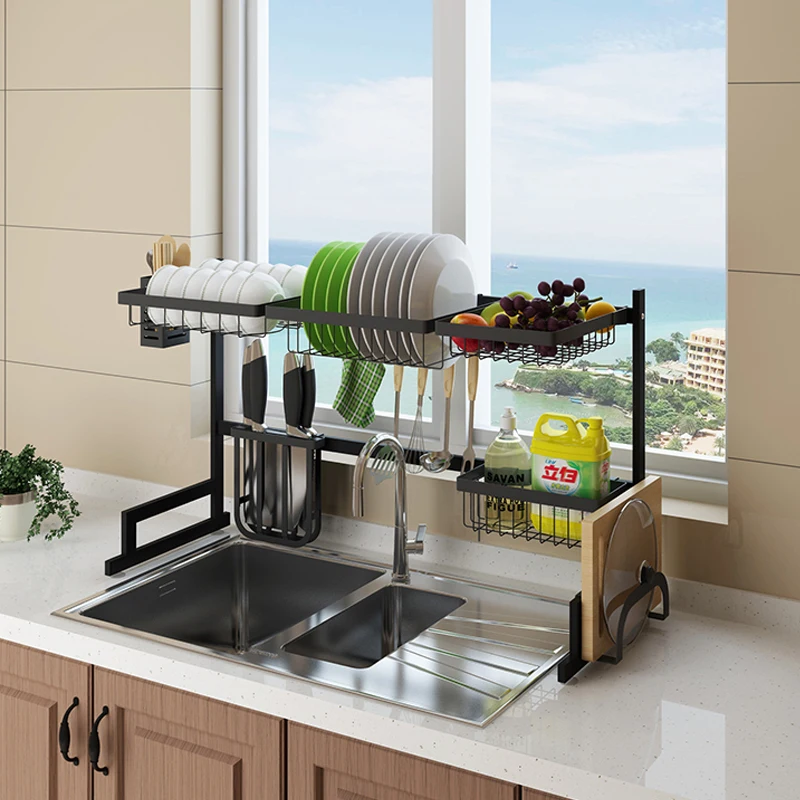 High Quality Over The Sink 2 Tier Stainless Steel Folding Dish Drying Rack Dish Bowl Cups Spoon Storage Rack Kitchen Storage