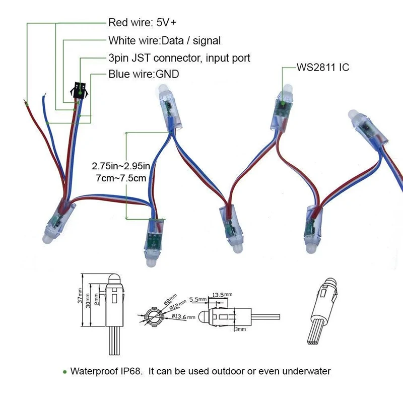 full color pixel led DC12V DC5V addressable WS2811 round led smart pixel node 18AWG wire