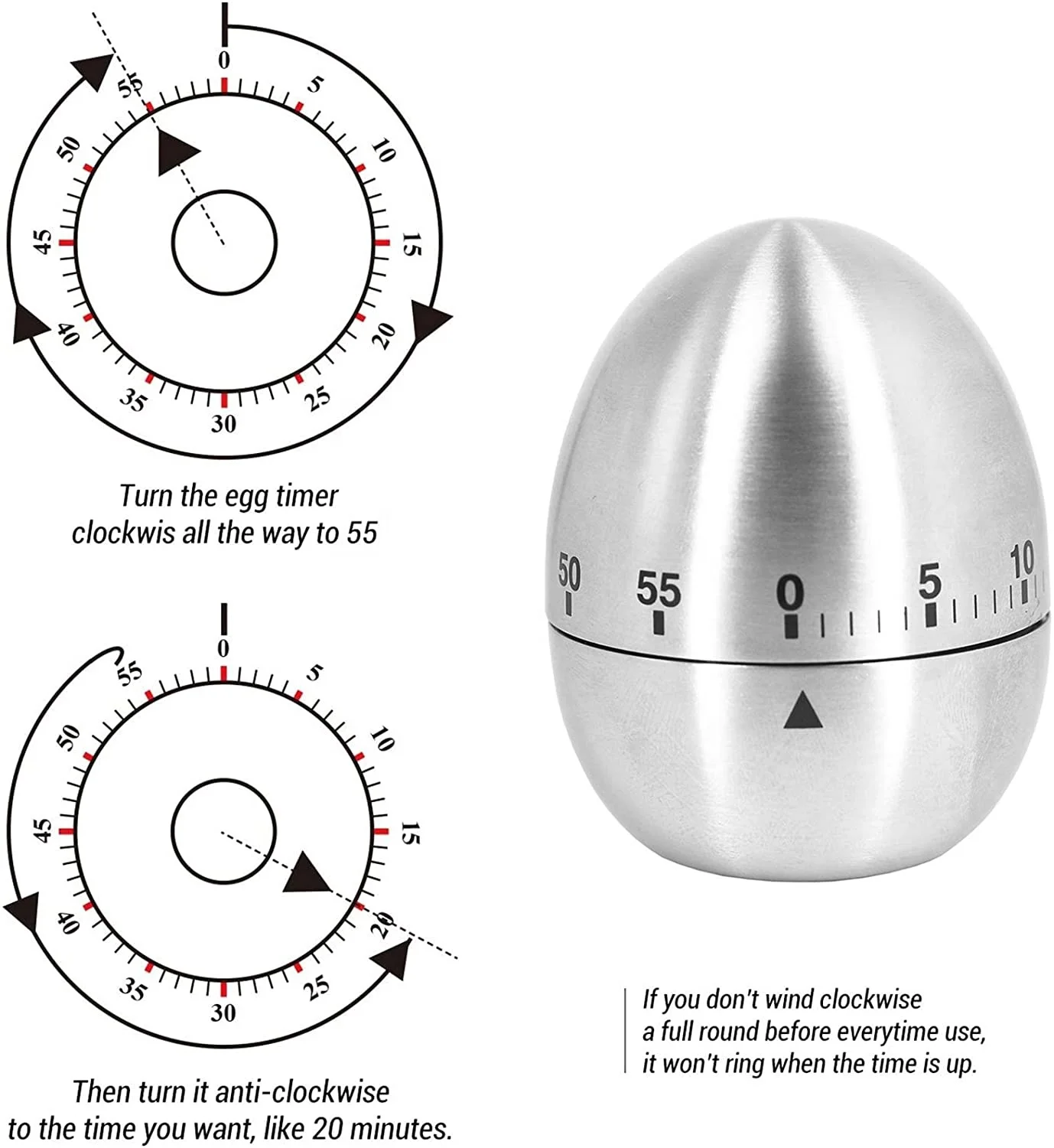 Egg Kitchen Timer Cute Manual Stainless Steel Metal Mechanical Visual Countdown Cooking with Loud Alarm for