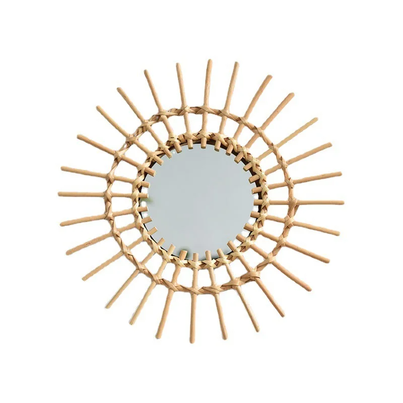 Rattan Materials Mirror Boho style Round Hanging Wall Mirror Rustic Wooden Frame Circle Mirror for Farmhouse