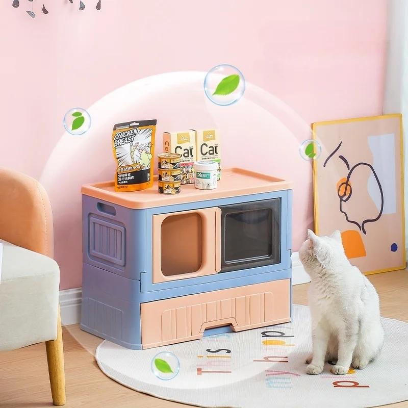 Foldable Cat Litter Box Toilet Tray Large Space White Pull Out Covered Sand Box for Cats