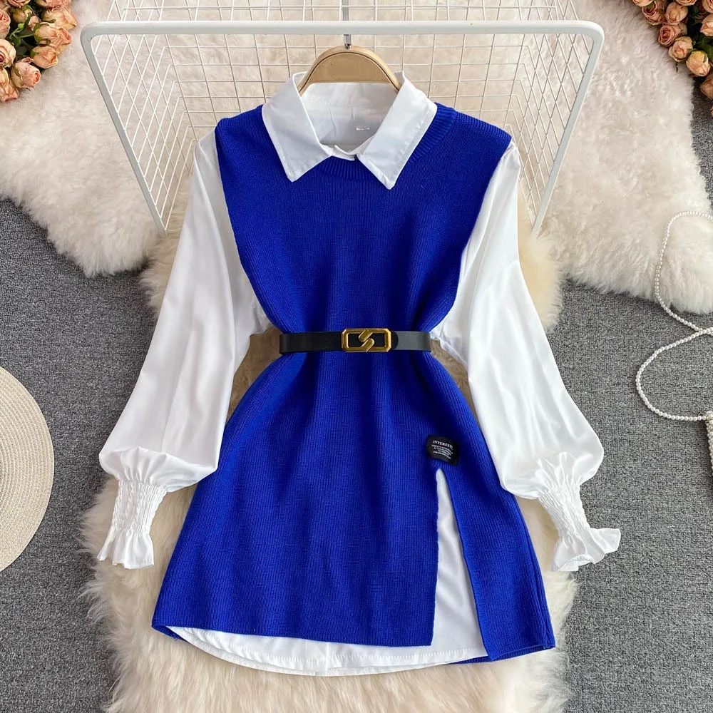 Spring and Autumn Women Long Sleeve Set White Shirt Sweater Loose Knitted Vest Shirt Two Piece Set For Women