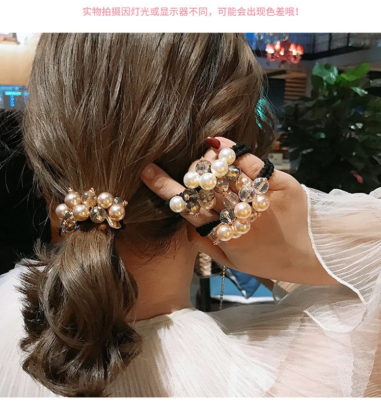 2024 Simple Korean system new pearl silk color elastic beautiful candy powder color card black beaded hair band