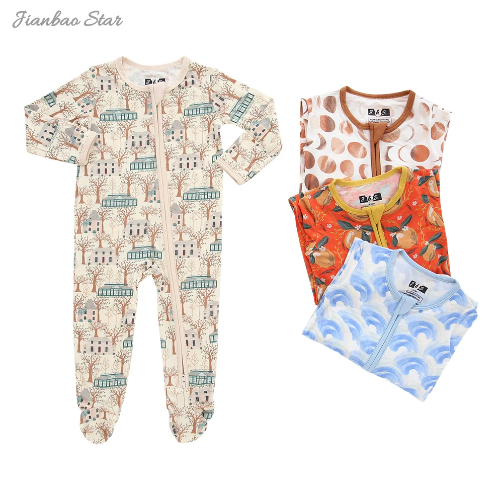 New Release Infants Body Suit Zipper Jumpsuits Bamboo Spandex Cotton Long Sleeve Lovely Printing Baby Rompers